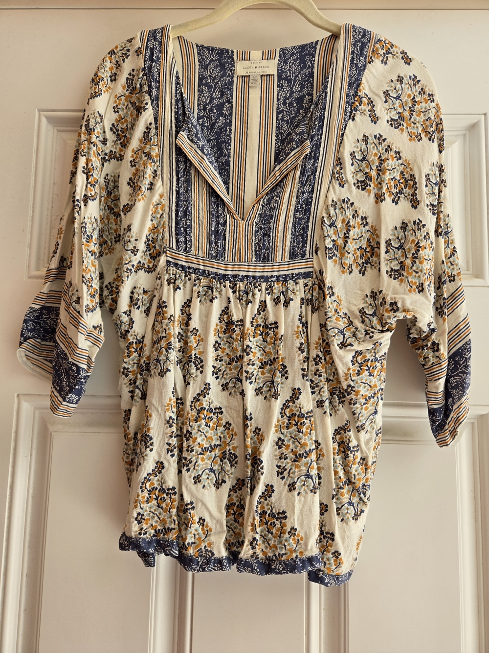 Lucky Brand Cream Floral Boho Tunic with Navy and Mustard Accents
